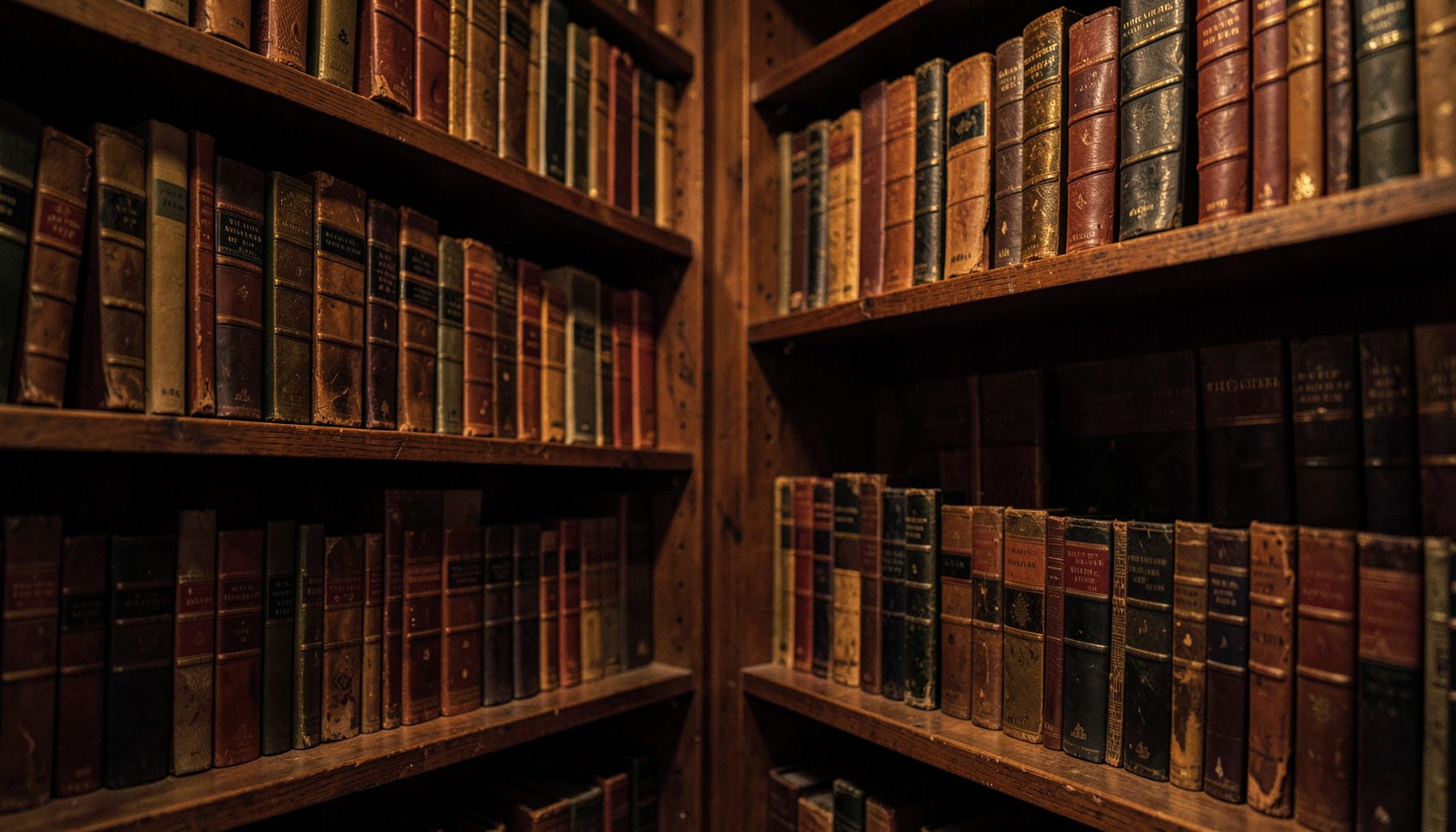 A warm, dimly lit library corner with aged leather-bound books on wooden shelves, soft amber light casting gentle shadows, evoking quiet scholarship and Sephardic heritage.
